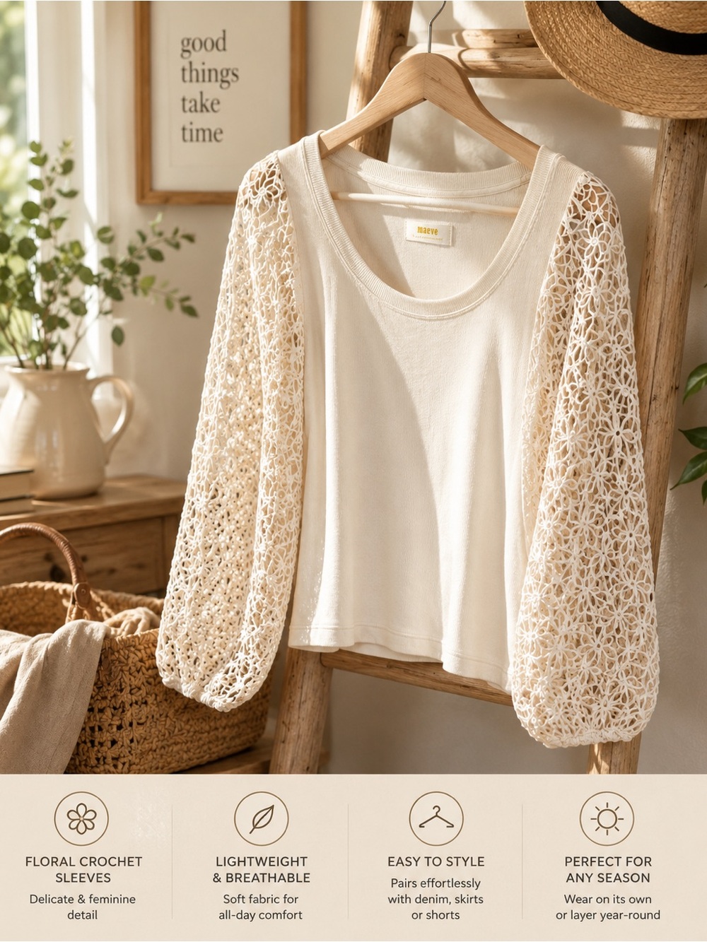 Maeve by anthropology Cream Crochet xtra small long sleeve